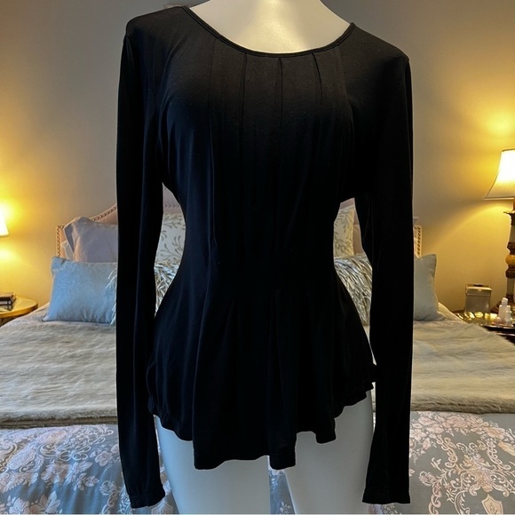 Vintage MAX STUDIO Black Long Sleeve Stretch Pleated Peplum Scoop Neck M Loose - Picture 1 of 15